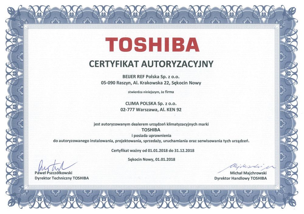 Certyfikat autoryzacyjny Toshiba dla Clima Polska