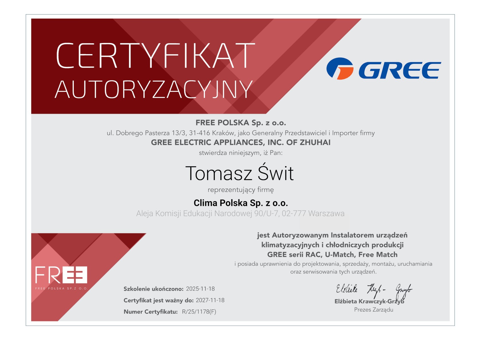 certyfikat-GREE-Tomasz-Swit