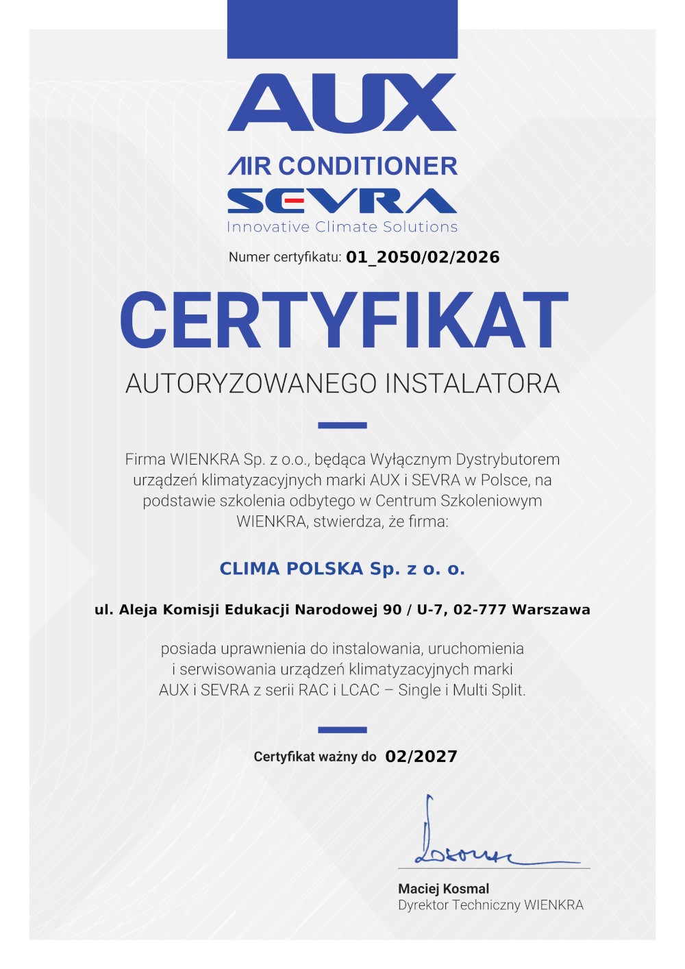 certyfikat_AUX-CLIMA_POLSKA
