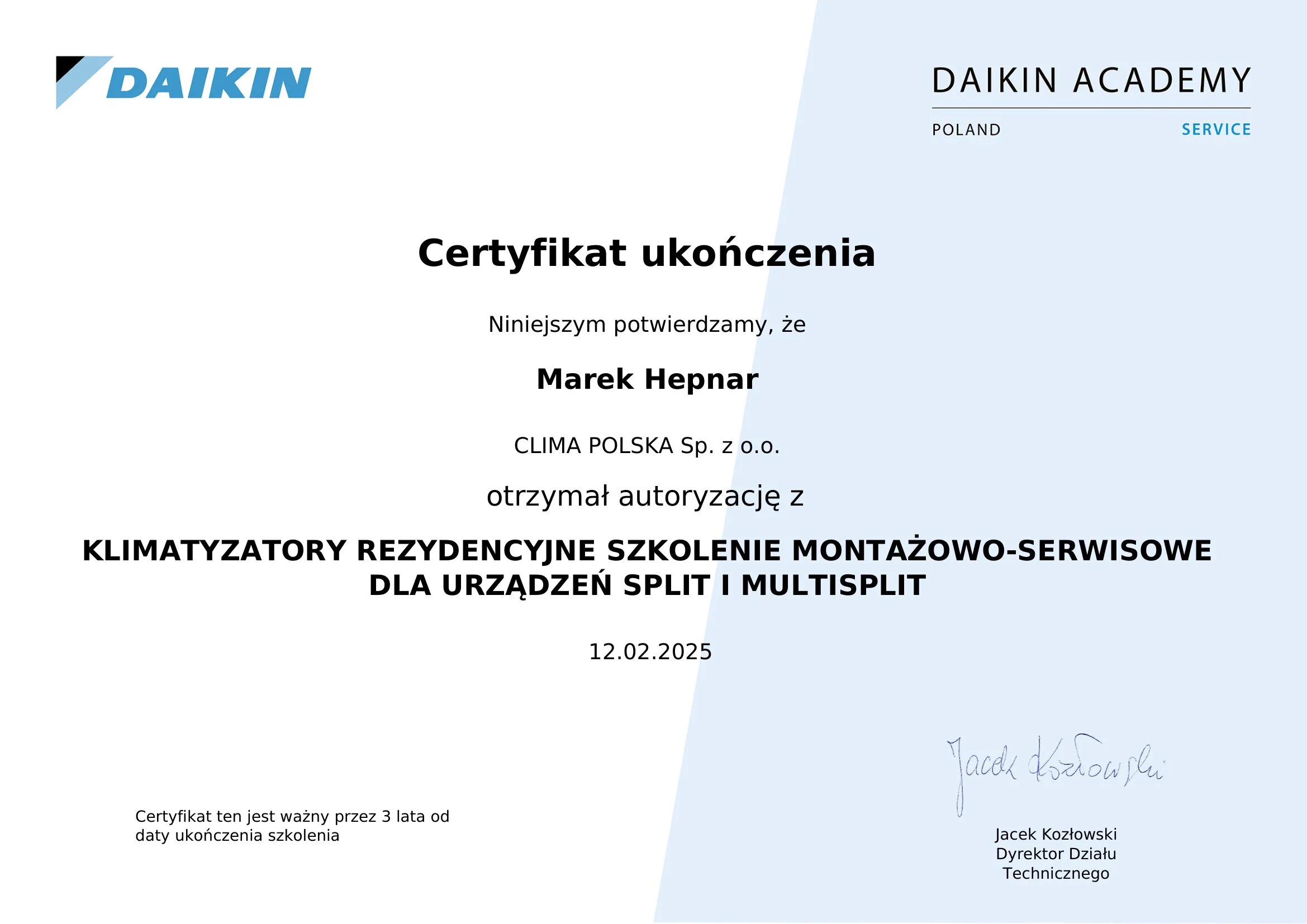 DAIKIN-MH-06.2027 Marek Hepnar - certyfikat Daikin