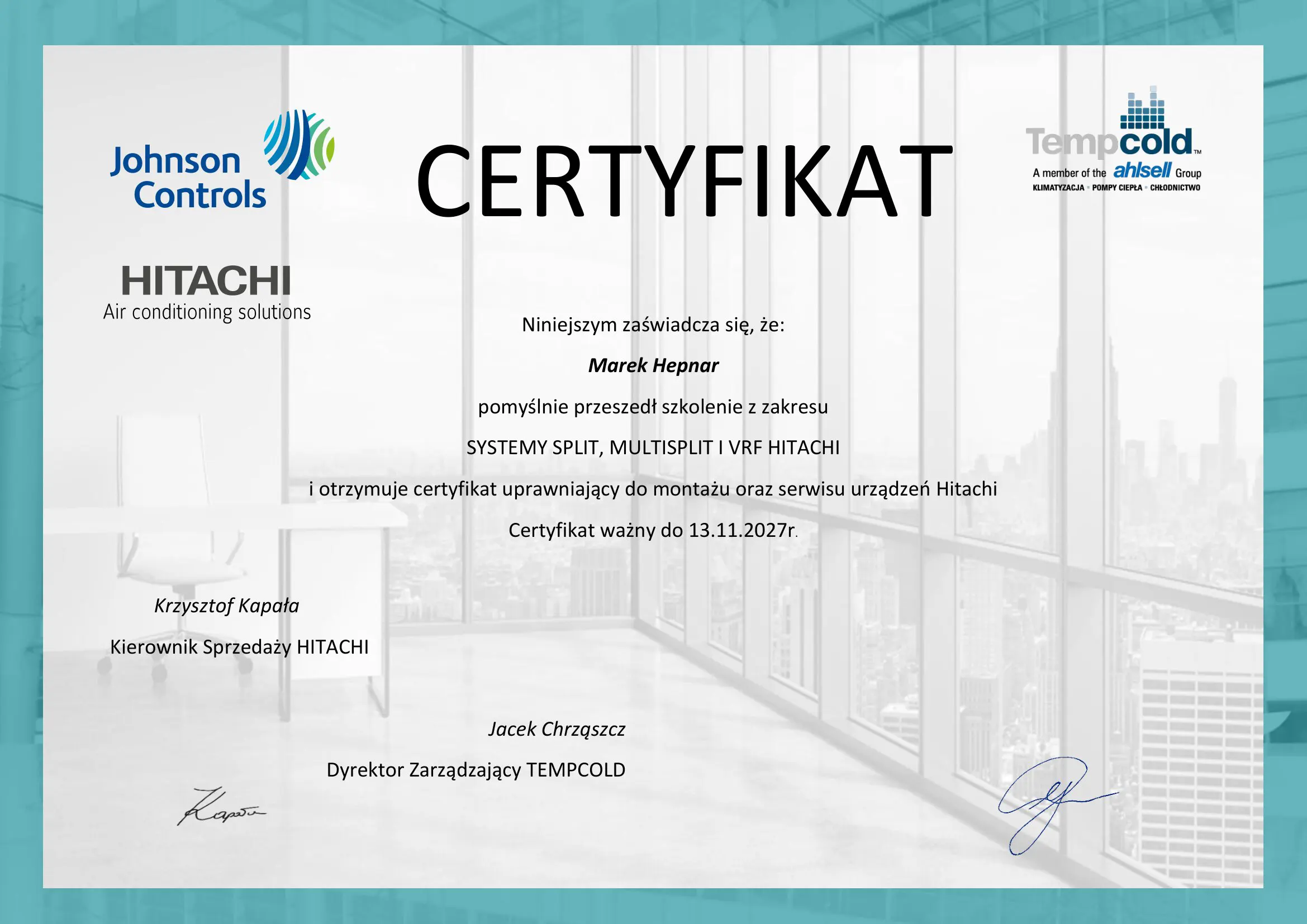 HITACHI-MH-11.2027 Marek Hepnar - certyfikat Hitachi