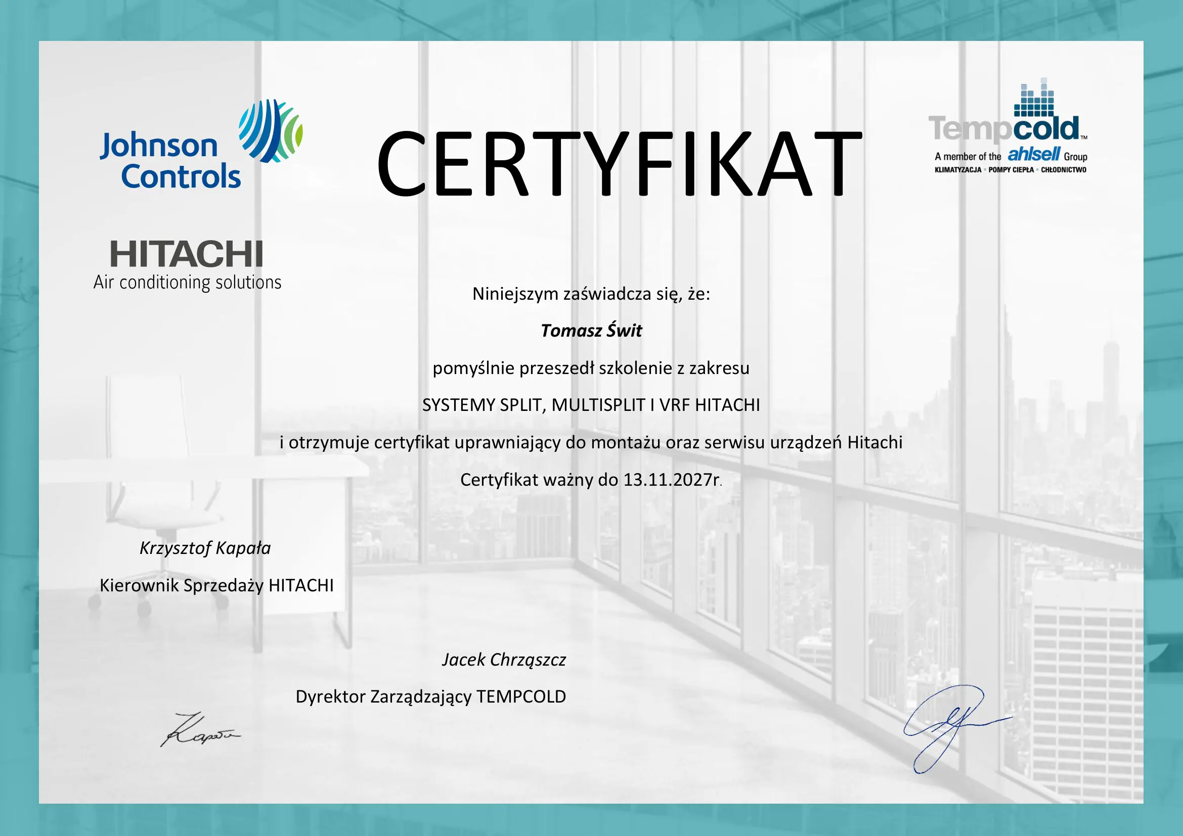 HITACHI-TŚ-11.2027 Tomasz Świt - certyfikat Hitachi