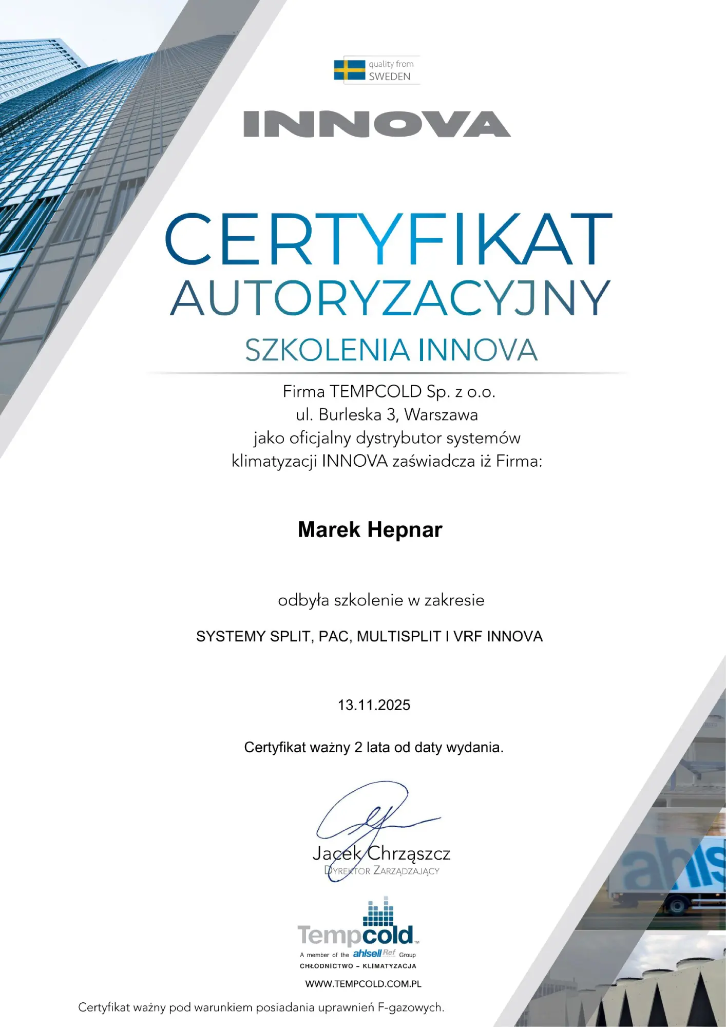 INNOVA-MH-11.2027 Marek Hepnar - certyfikat Innova